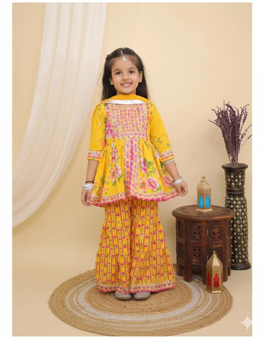 Yellow Girls Indian Cotton Sharara Kurta Set, Toddler Salwar Suit