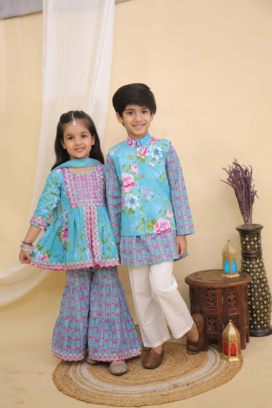Boys Blue Cotton Sharara Salwar Suit, Indian Toddler Set