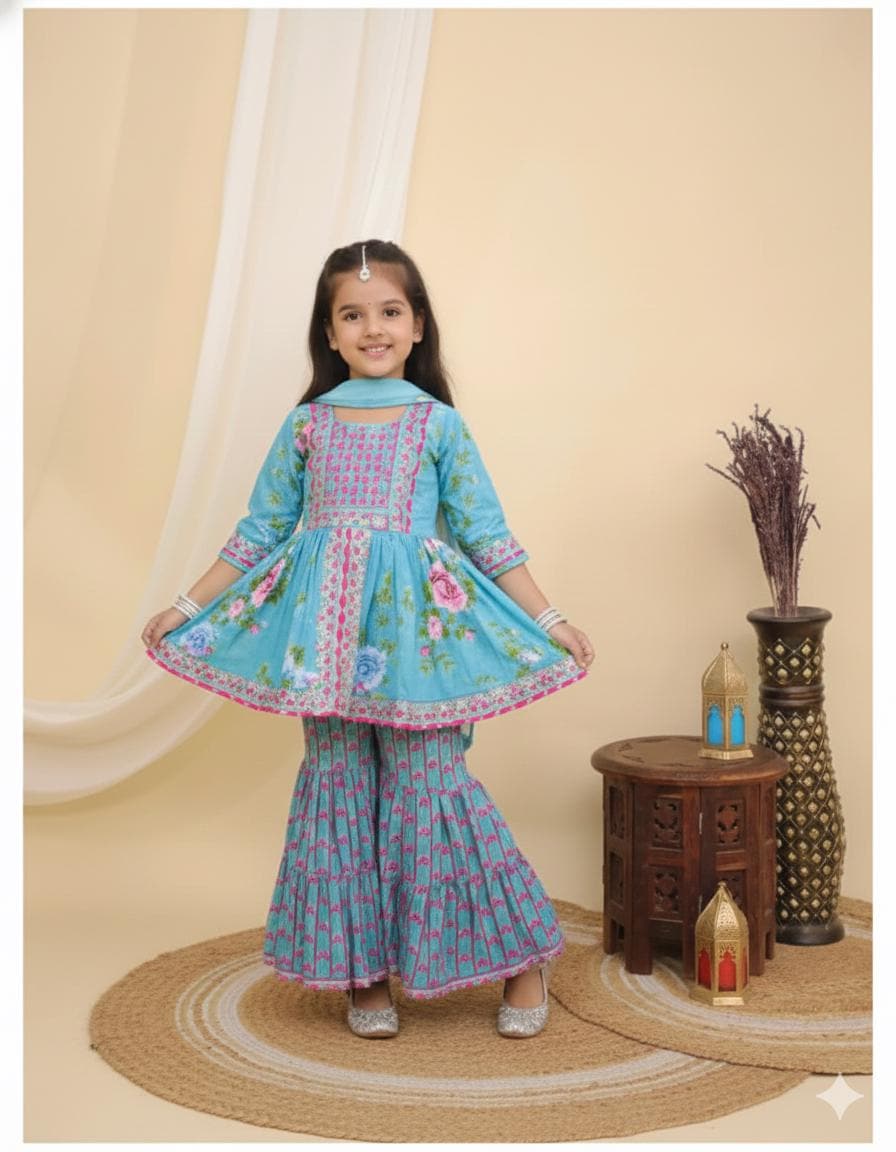 Pink Indian Cotton Sharara Kurta Set, Toddler Salwar Suit