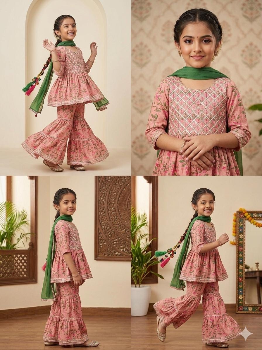 Pink Girls Indian Cotton Sharara Kurta Set, Toddler Salwar Suit