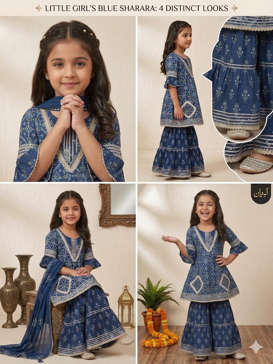 Blue Girls Indian Cotton Sharara Kurta Set, Toddler Salwar Suit