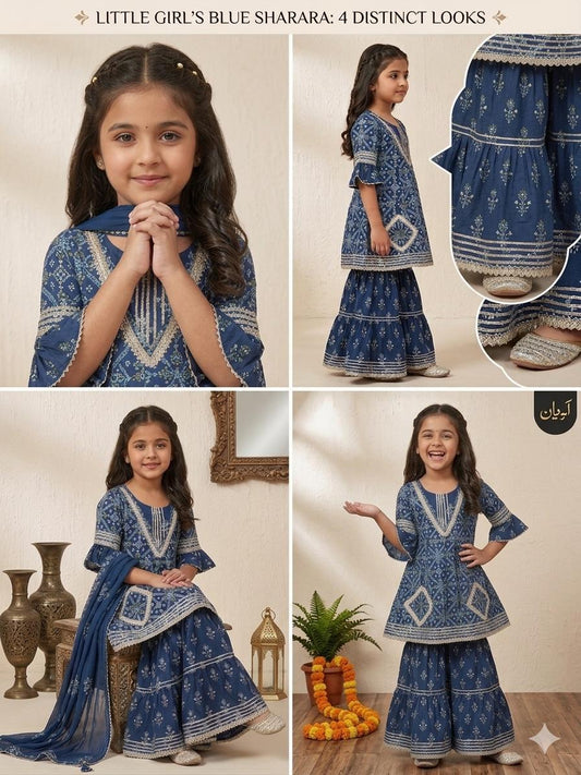 Blue Girls Indian Cotton Sharara Kurta Set, Toddler Salwar Suit