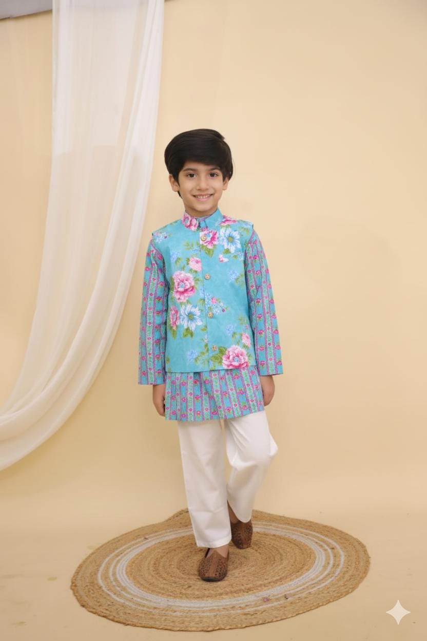 Girls Blue Cotton Sharara Salwar Suit, Indian Toddler Set