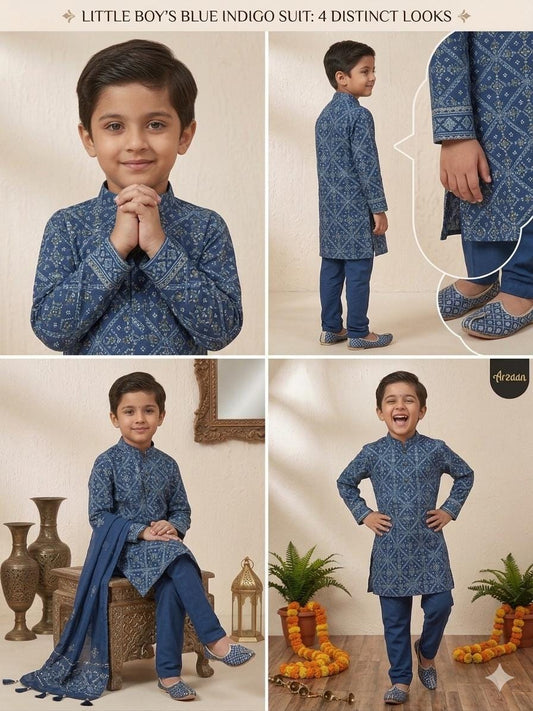 Blue boys Indian Cotton Sharara Kurta Set, Toddler Salwar Suit