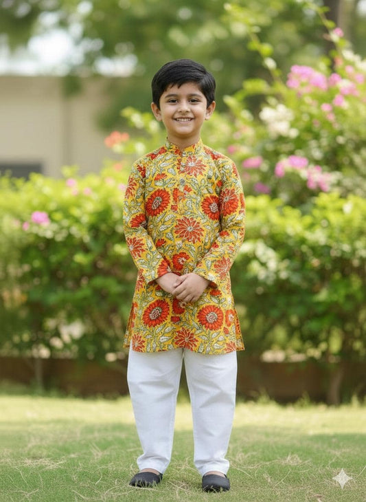 Boys Cotton Kurta Set, Floral Indian Ethnic Wear