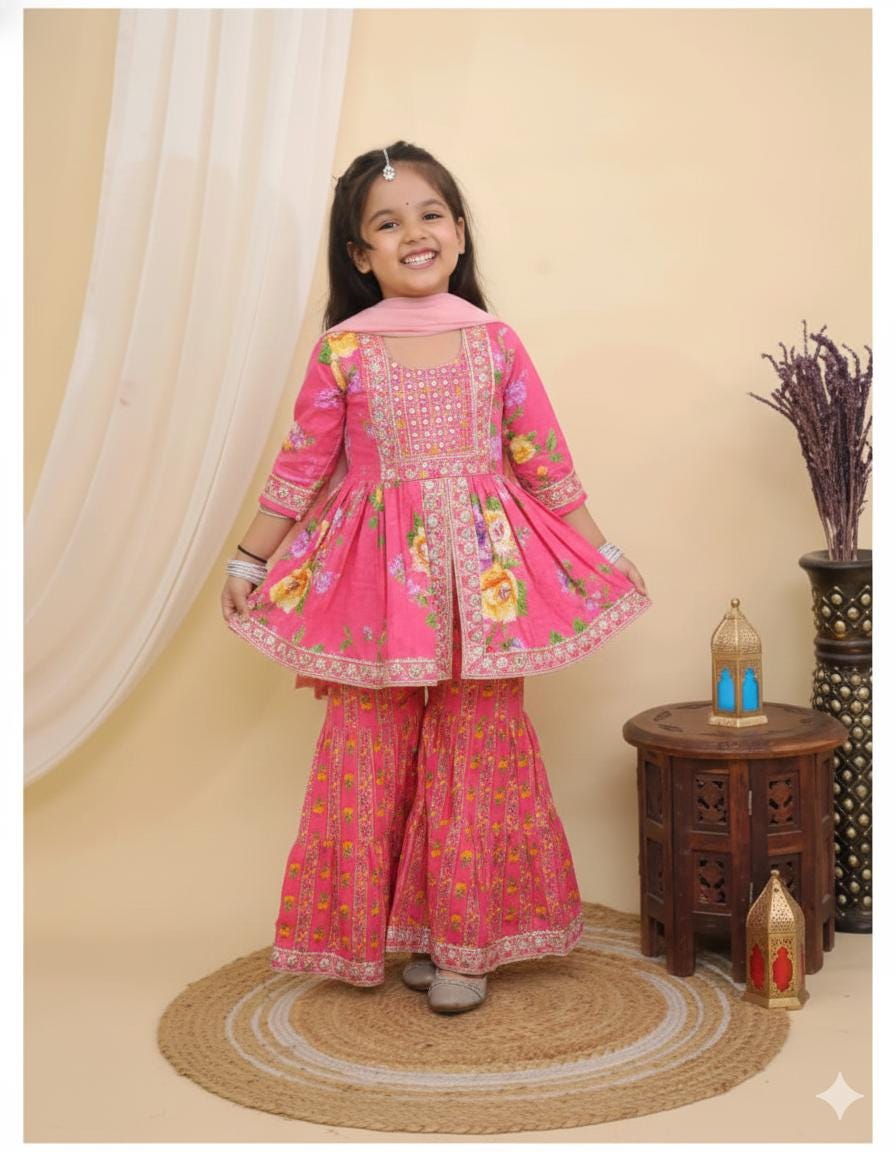 Pink Indian Cotton Sharara Kurta Set, Toddler Salwar Suit