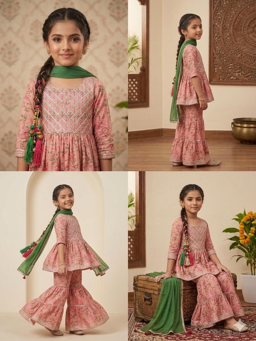 Pink Girls Indian Cotton Sharara Kurta Set, Toddler Salwar Suit