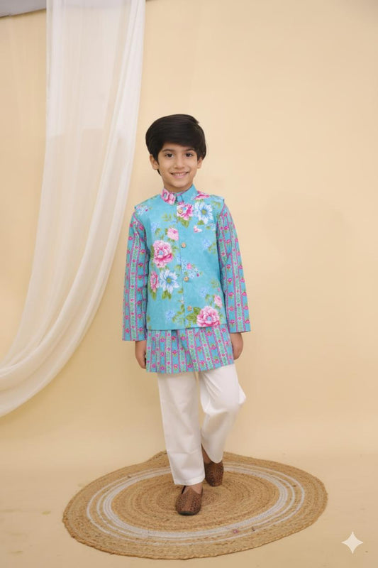 Boys Blue Cotton Sharara Salwar Suit, Indian Toddler Set