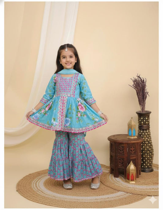 Girls Blue Cotton Sharara Salwar Suit, Indian Toddler Set